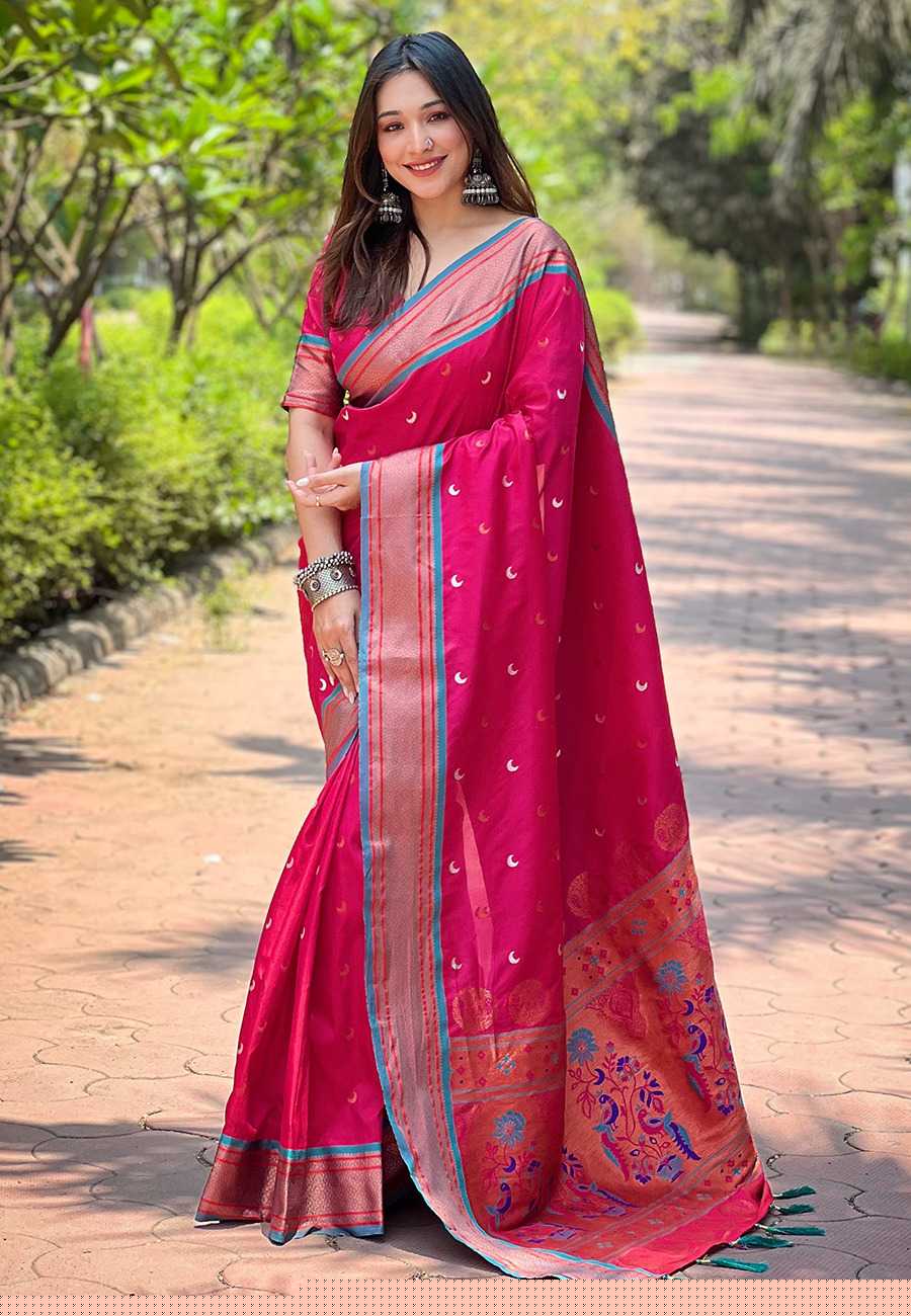 Designer Chandrakor Paithani Saree | Contrast Zari Border & Meenakari Pallu ✨ | Perfect for Weddings & Traditional Ceremonies (Pink)