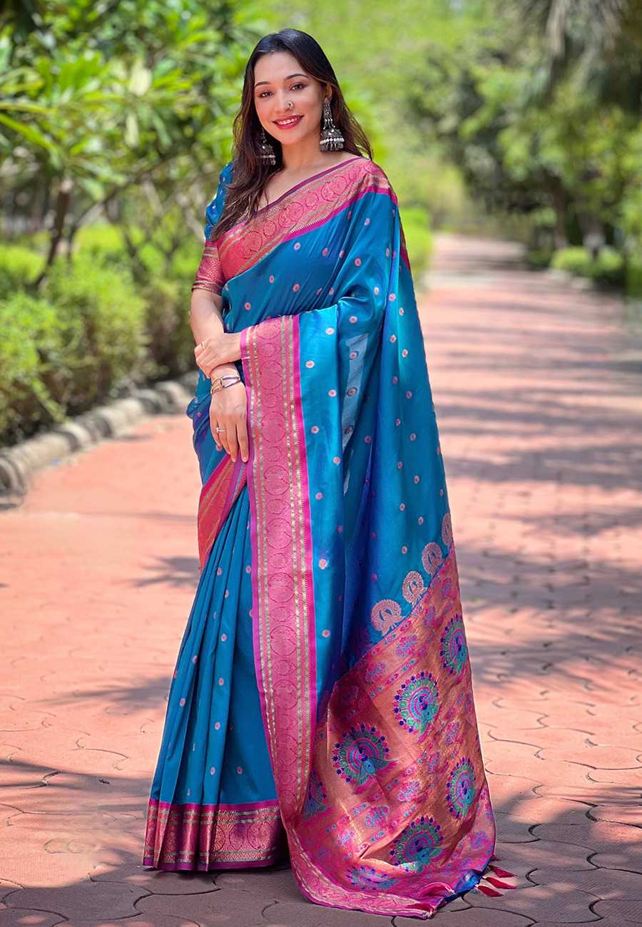Designer Paithani Saree | Contrast Zari Border & Meenakari Pallu ✨ | Perfect for Weddings & Traditional Ceremonies (Violet)