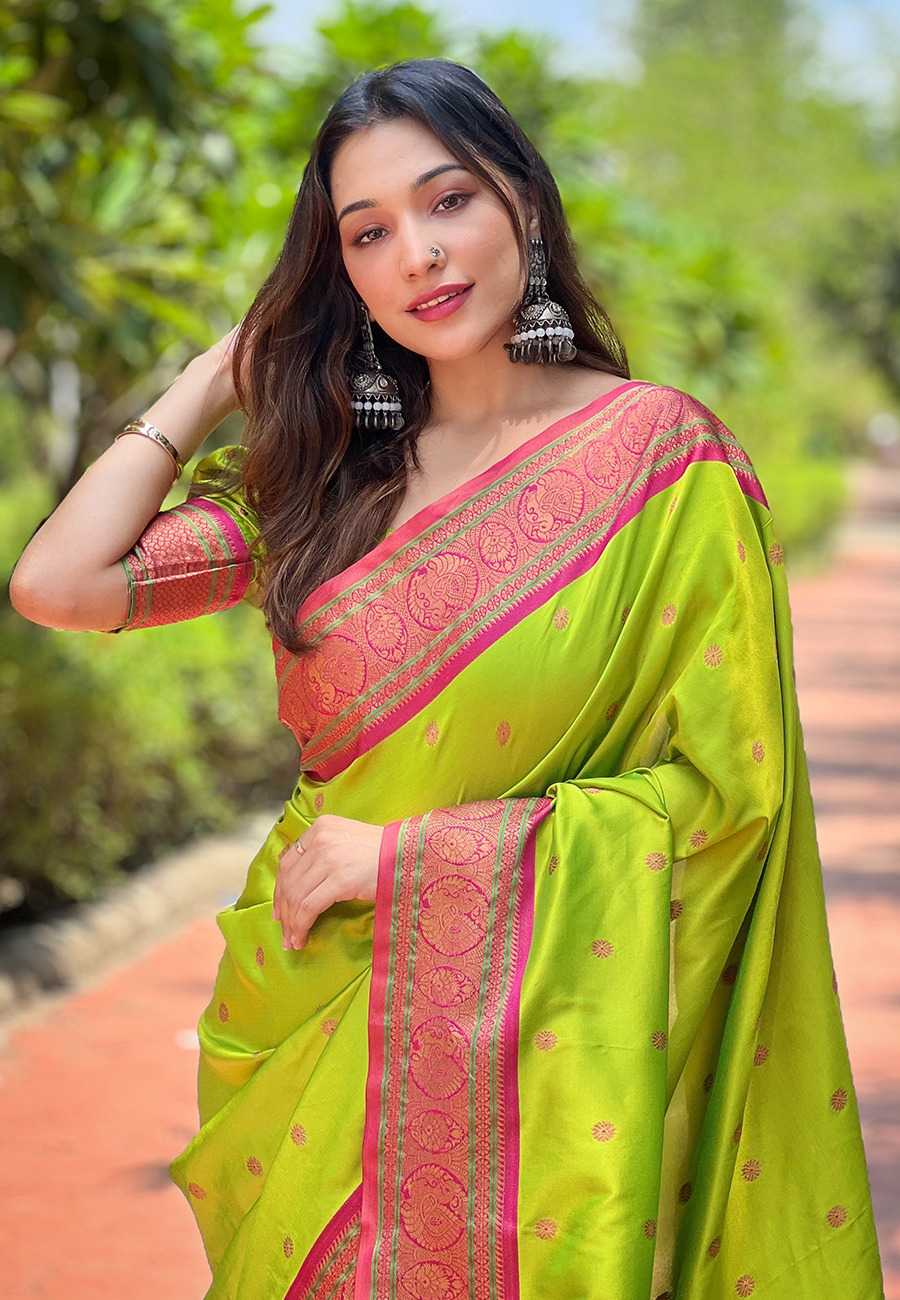 Designer Paithani Saree | Contrast Zari Border & Meenakari Pallu ✨ | Perfect for Weddings & Traditional Ceremonies (Rama Green)