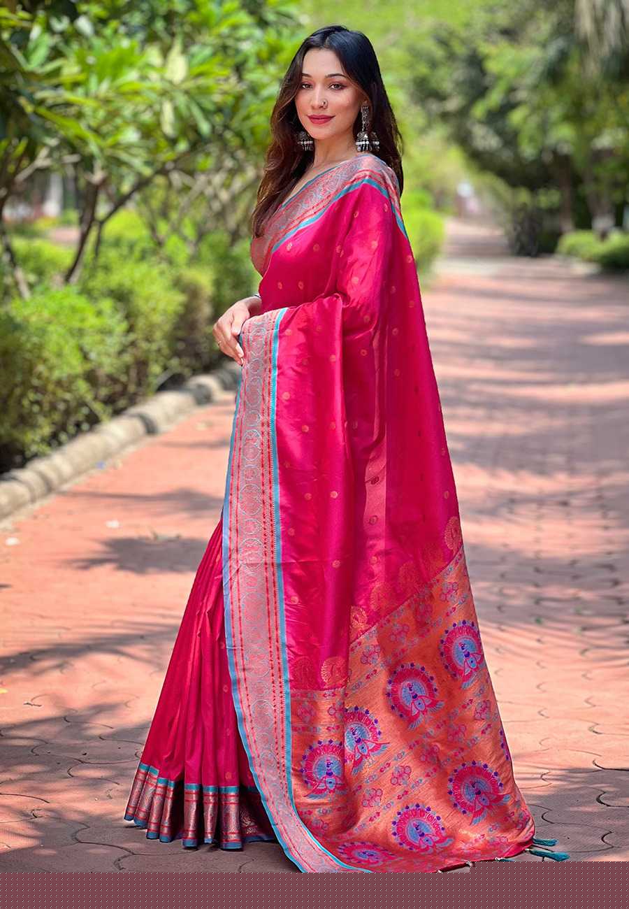 Designer Paithani Saree | Contrast Zari Border & Meenakari Pallu ✨ | Perfect for Weddings & Traditional Ceremonies (Pink)