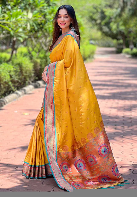 Designer Paithani Saree | Contrast Zari Border & Meenakari Pallu ✨ | Perfect for Weddings & Traditional Ceremonies (Lemon Yellow) - House of ViDi