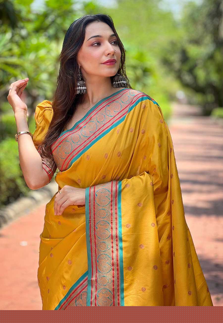 Designer Paithani Saree | Contrast Zari Border & Meenakari Pallu ✨ | Perfect for Weddings & Traditional Ceremonies (Lemon Yellow) - House of ViDi