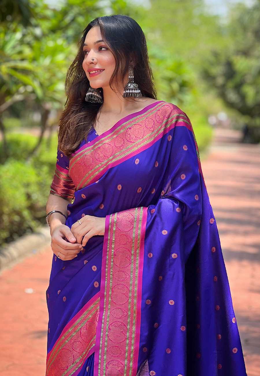Designer Paithani Saree | Contrast Zari Border & Meenakari Pallu ✨ | Perfect for Weddings & Traditional Ceremonies (Purple)