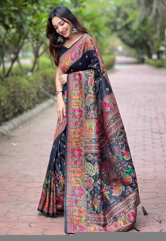 Pashmina Kashmiri Silk Saree | Kashmiri Meenakari Weaving & Heavy Pallu 🎉 | Perfect for Reception & Ceremonial Occasions (Black) - House of ViDi