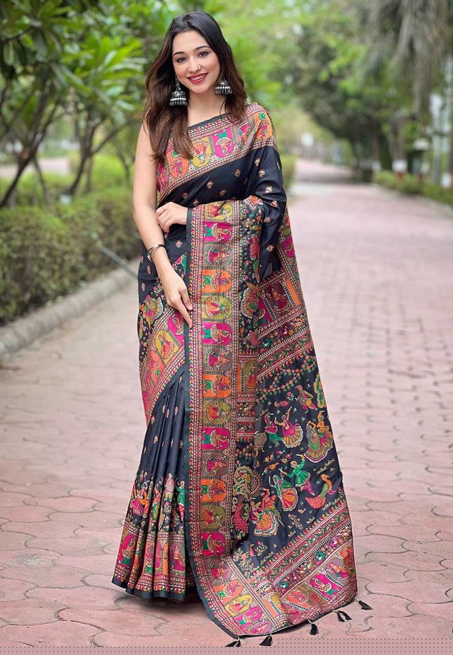 Pashmina Kashmiri Silk Saree | Kashmiri Meenakari Weaving & Heavy Pallu π | Perfect for Reception & Ceremonial Occasions (Black)