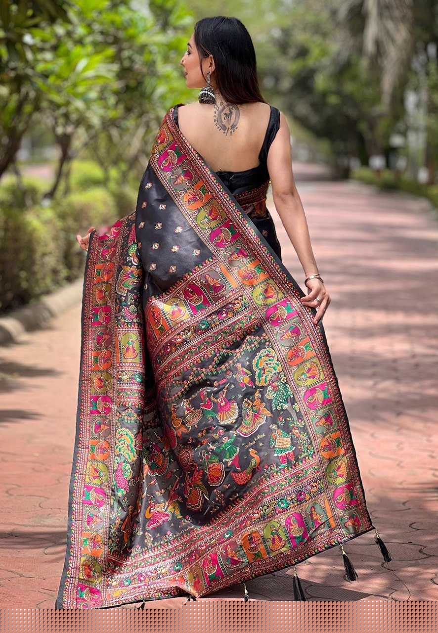 Pashmina Kashmiri Silk Saree | Kashmiri Meenakari Weaving & Heavy Pallu π | Perfect for Reception & Ceremonial Occasions (Black)