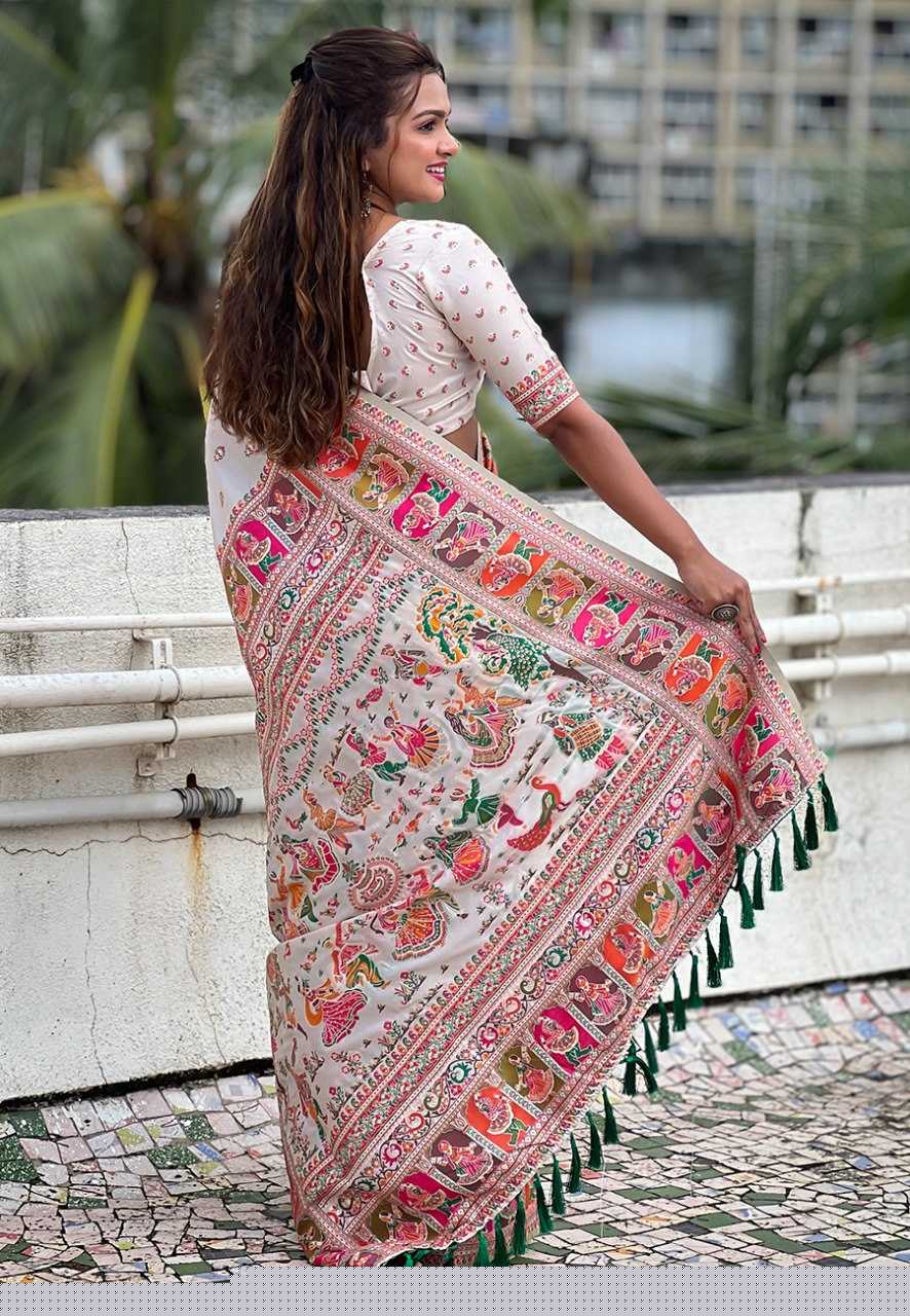 Pashmina Kashmiri Silk Saree | Kashmiri Meenakari Weaving & Heavy Pallu 🎉 | Perfect for Reception & Ceremonial Occasions (White) - House of ViDi