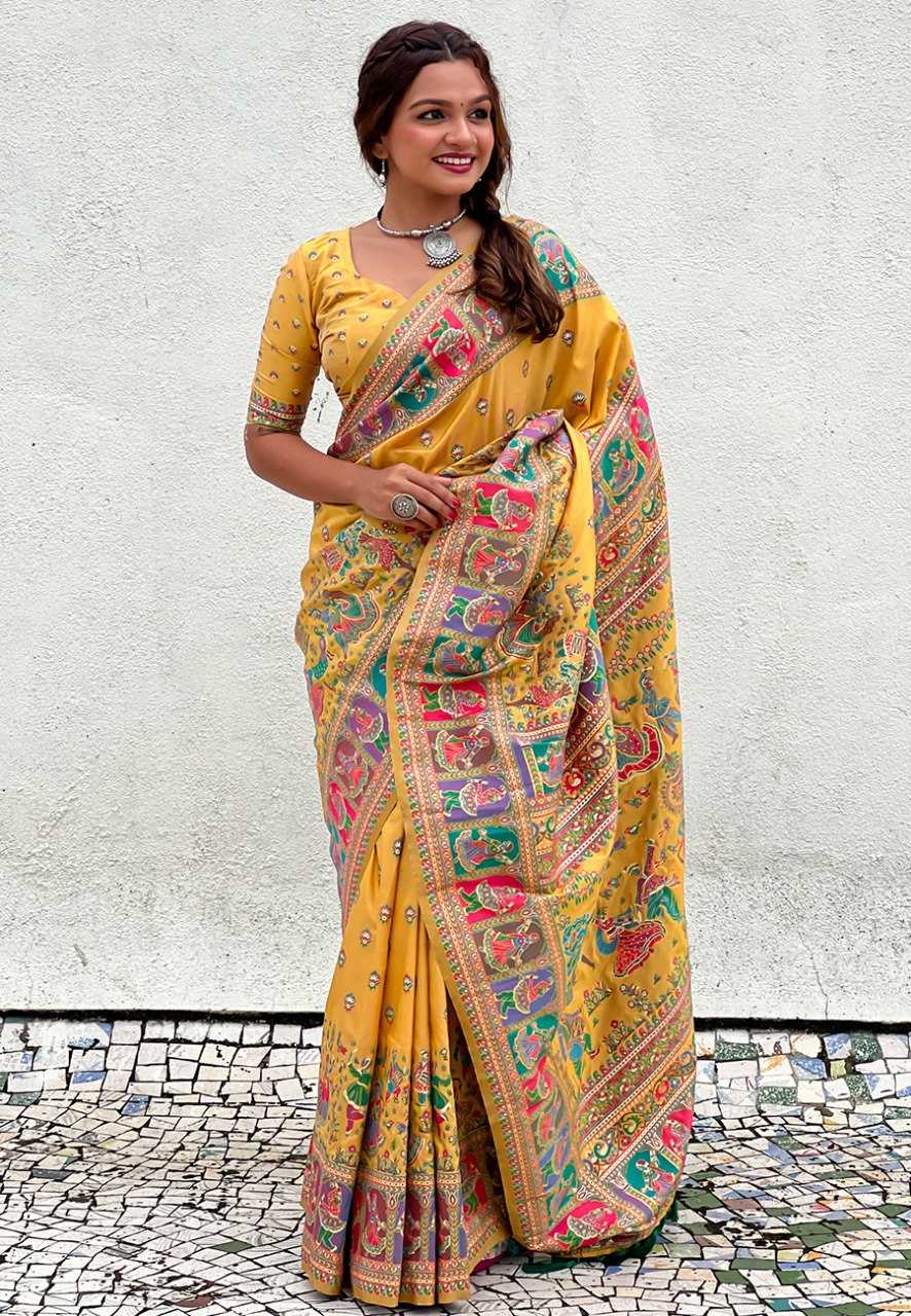 Pashmina Kashmiri Silk Saree | Kashmiri Meenakari Weaving & Heavy Pallu π | Perfect for Reception & Ceremonial Occasions (Light Yellow)