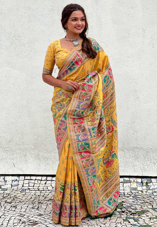 Pashmina Kashmiri Silk Saree | Kashmiri Meenakari Weaving & Heavy Pallu 🎉 | Perfect for Reception & Ceremonial Occasions (Light Yellow) - House of ViDi