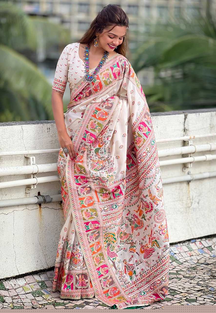 Pashmina Kashmiri Silk Saree | Kashmiri Meenakari Weaving & Heavy Pallu π | Perfect for Reception & Ceremonial Occasions (White)
