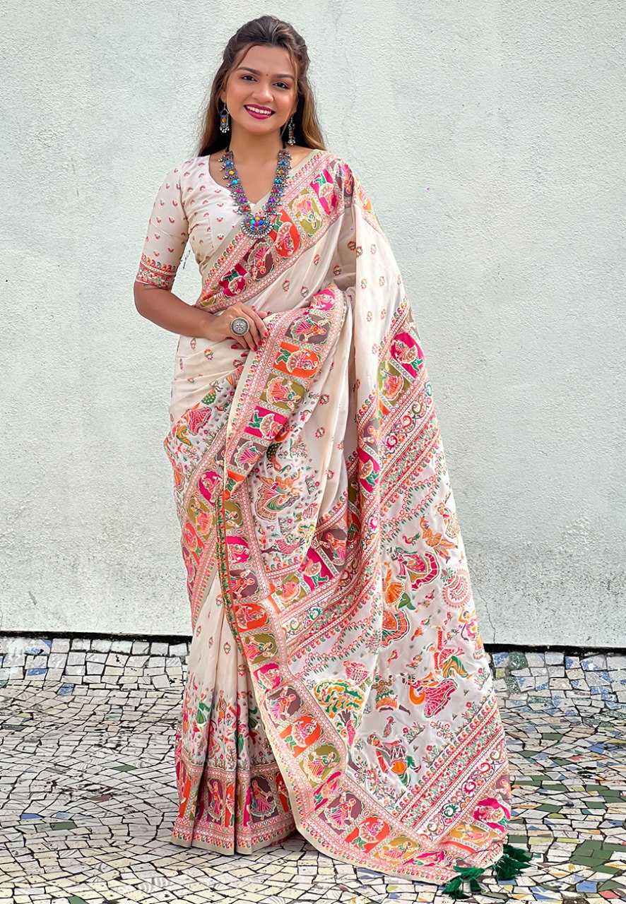 Pashmina Kashmiri Silk Saree | Kashmiri Meenakari Weaving & Heavy Pallu π | Perfect for Reception & Ceremonial Occasions (White)