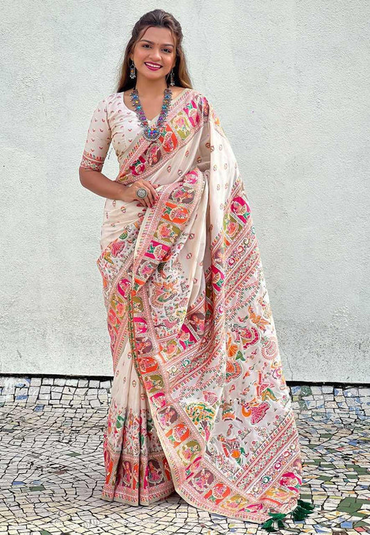 Pashmina Kashmiri Silk Saree | Kashmiri Meenakari Weaving & Heavy Pallu 🎉 | Perfect for Reception & Ceremonial Occasions (White) - House of ViDi