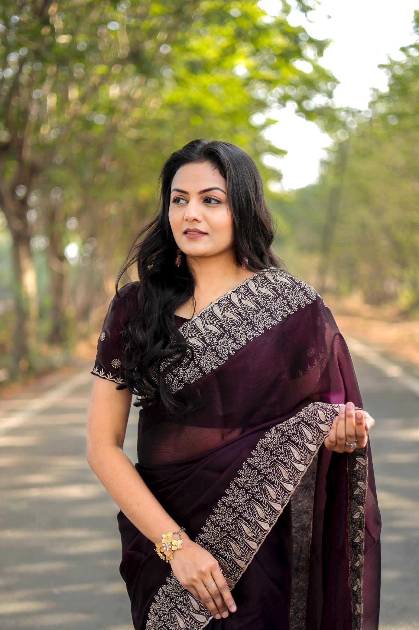 Pure Burberry Silk Saree with Heavy Multistitched Border & Butti Work Blouse | Party & Festive Wear (Wine) - House of ViDi