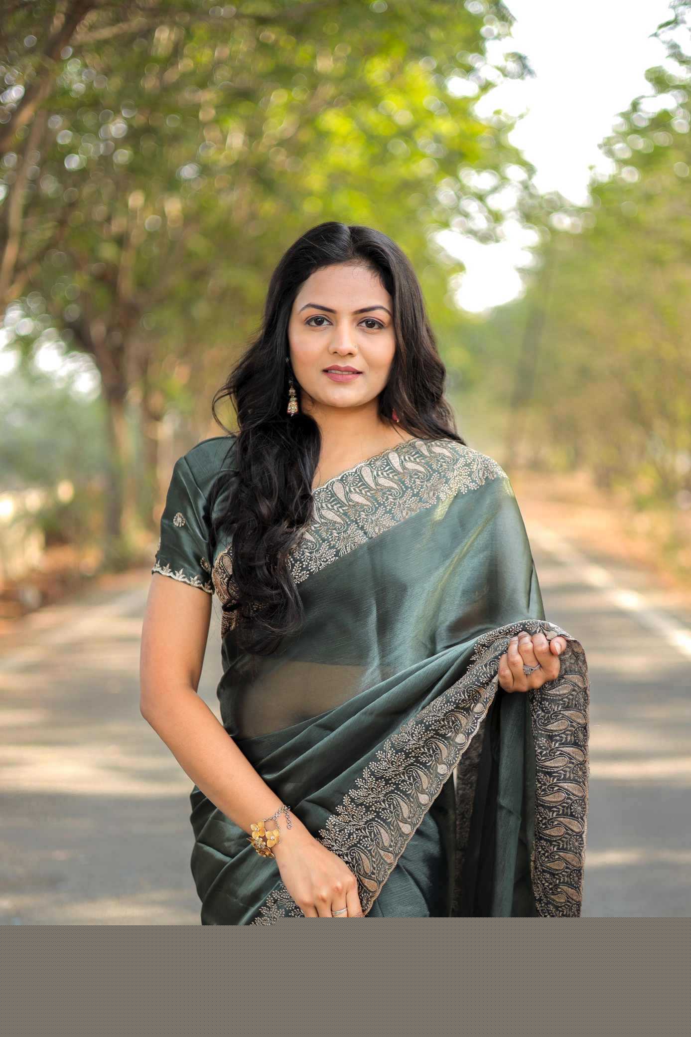 Pure Burberry Silk Saree with Heavy Multistitched Border & Butti Work Blouse | Party & Festive Wear (Grey) - House of ViDi