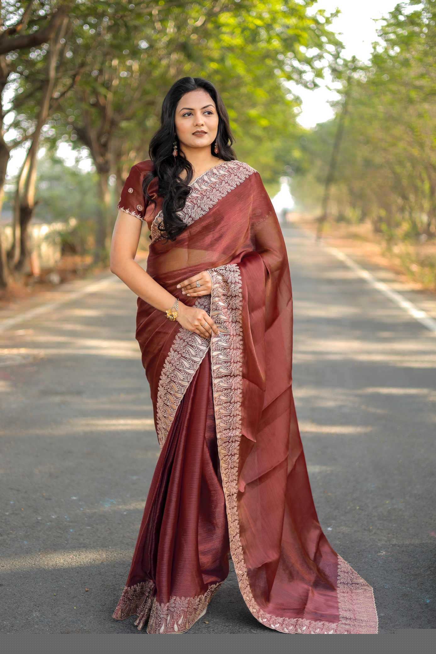 Pure Burberry Silk Saree with Heavy Multistitched Border & Butti Work Blouse | Party & Festive Wear (Bronze) - House of ViDi