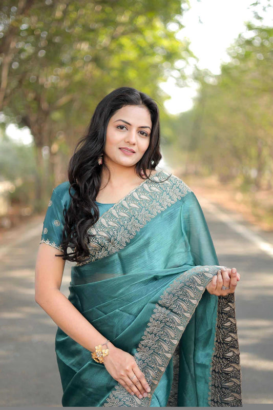Pure Burberry Silk Saree with Heavy Multistitched Border & Butti Work Blouse | Party & Festive Wear (Rama) - House of ViDi
