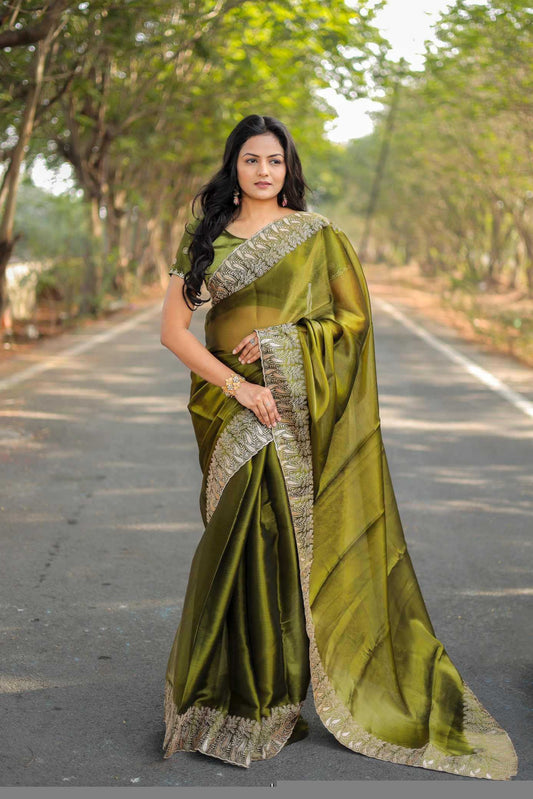 Pure Burberry Silk Saree with Heavy Multistitched Border & Butti Work Blouse | Party & Festive Wear (Pista) - House of ViDi