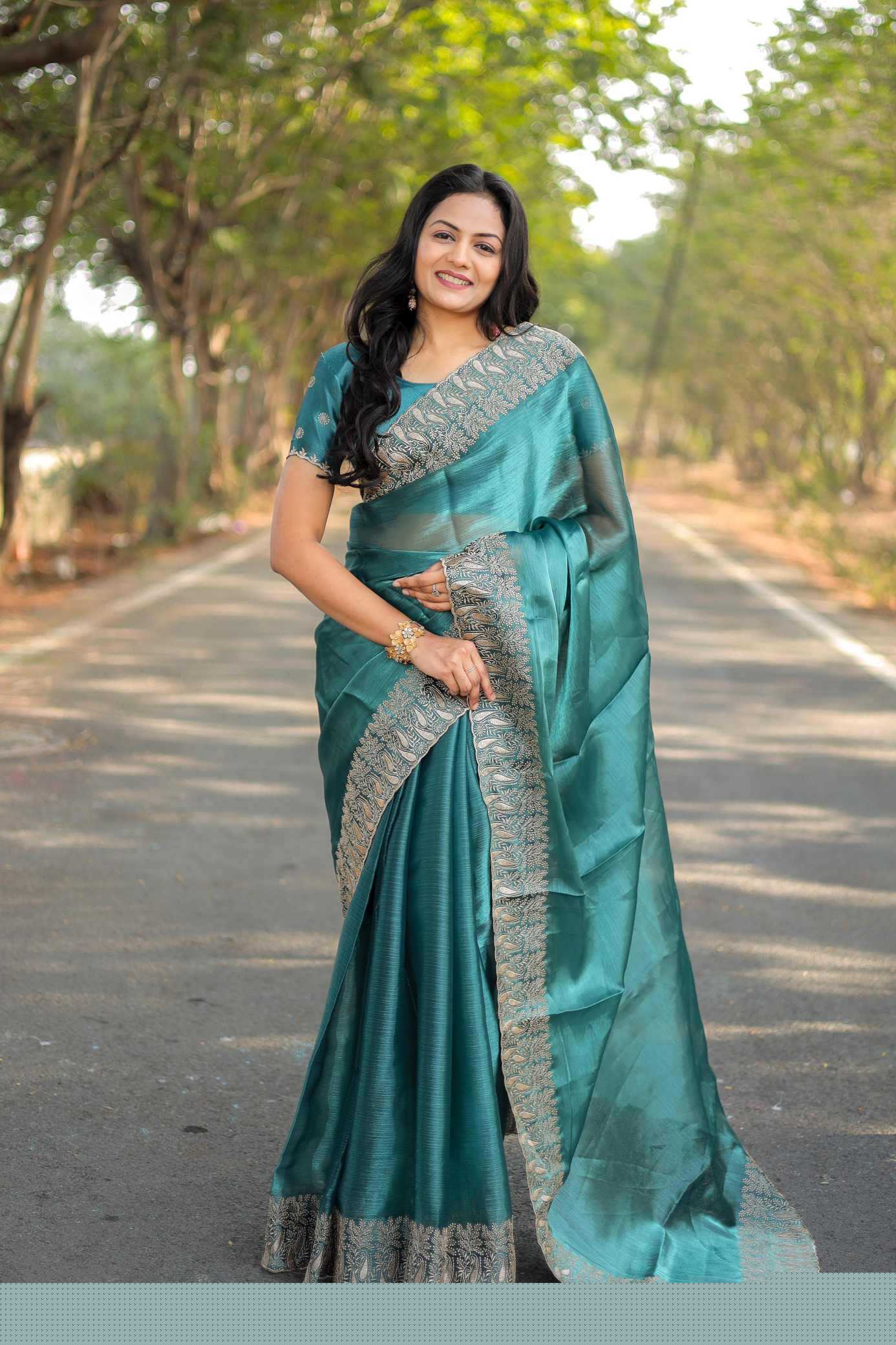 Pure Burberry Silk Saree with Heavy Multistitched Border & Butti Work Blouse | Party & Festive Wear (Rama)