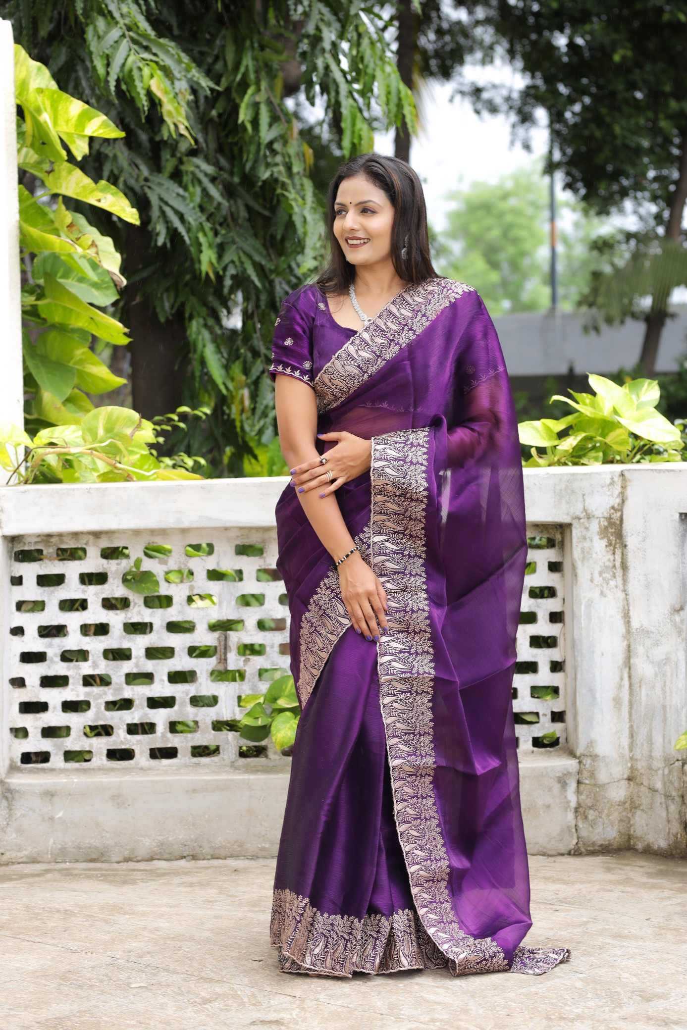 Pure Burberry Silk Saree with Heavy Multistitched Border & Butti Work Blouse | Party & Festive Wear (Purple) - House of ViDi