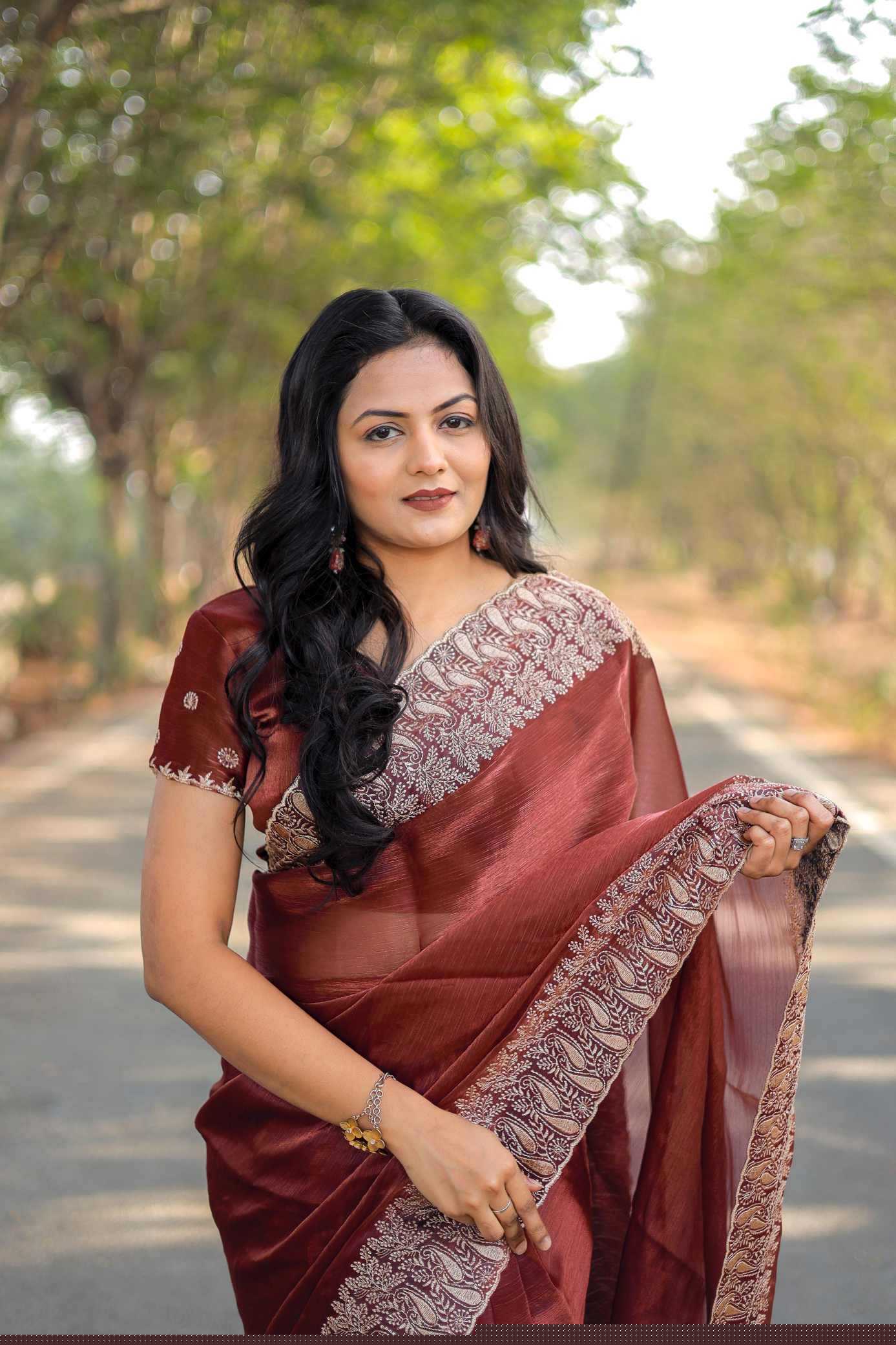 Pure Burberry Silk Saree with Heavy Multistitched Border & Butti Work Blouse | Party & Festive Wear (Bronze)
