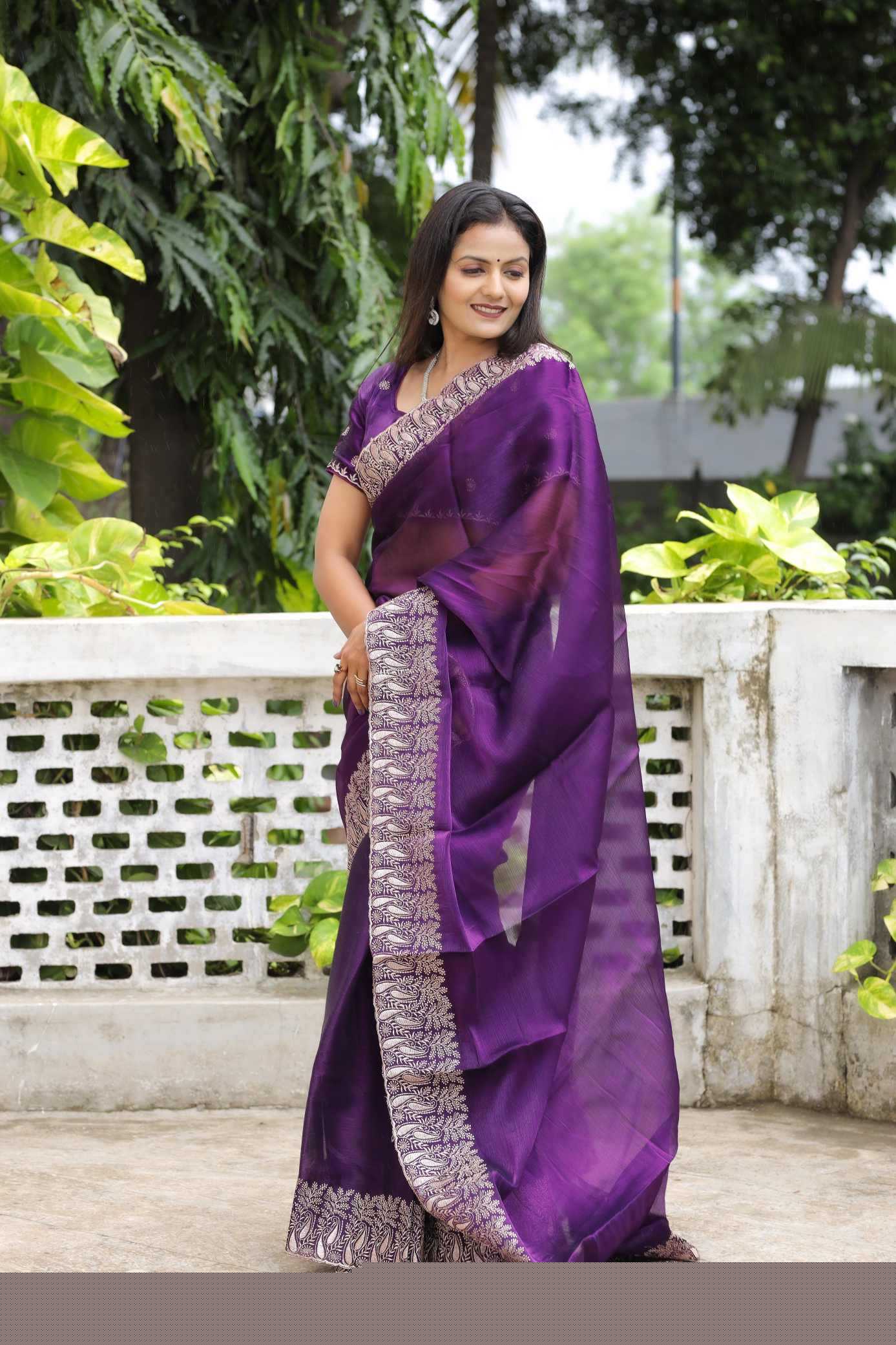 Pure Burberry Silk Saree with Heavy Multistitched Border & Butti Work Blouse | Party & Festive Wear (Purple)