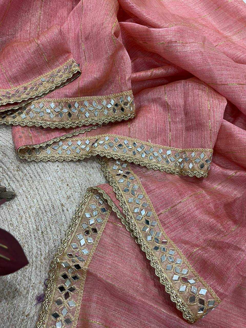 Pink Pure Cotton Embroidered Saree with Mirror Work Border - House of ViDi
