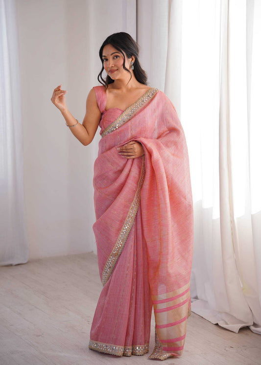 Pink Pure Cotton Embroidered Saree with Mirror Work Border