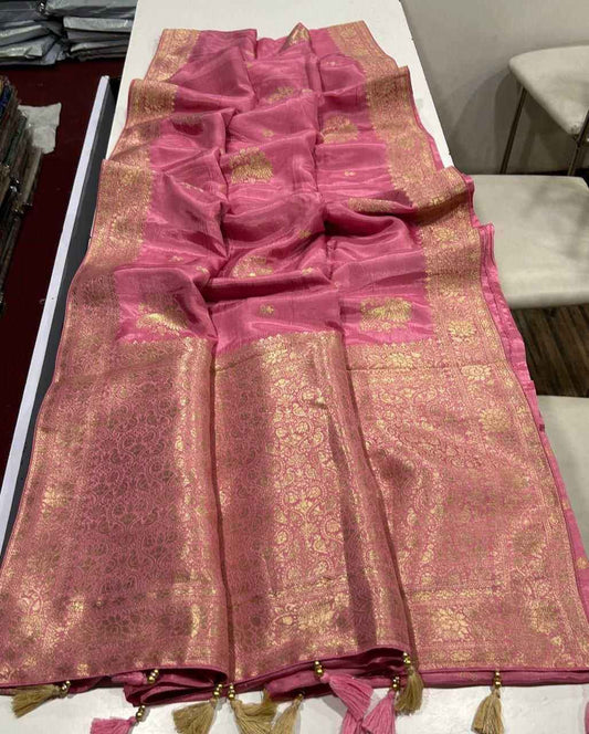 Cavern Pink Pure Soft Russian Silk Zari Weaving Butta Saree
