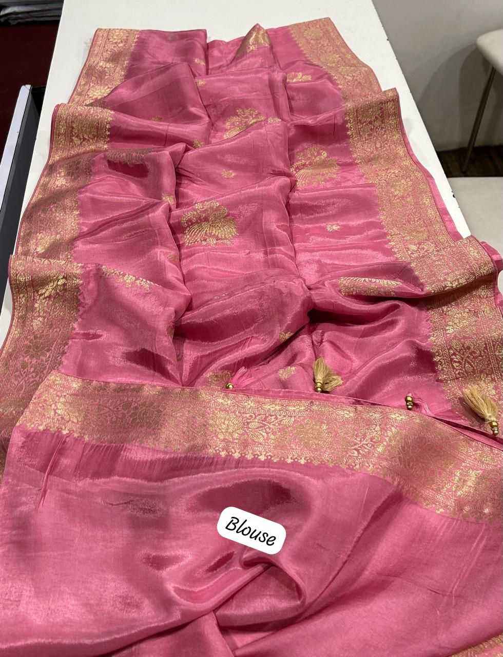 Cavern Pink Pure Soft Russian Silk Zari Weaving Butta Saree