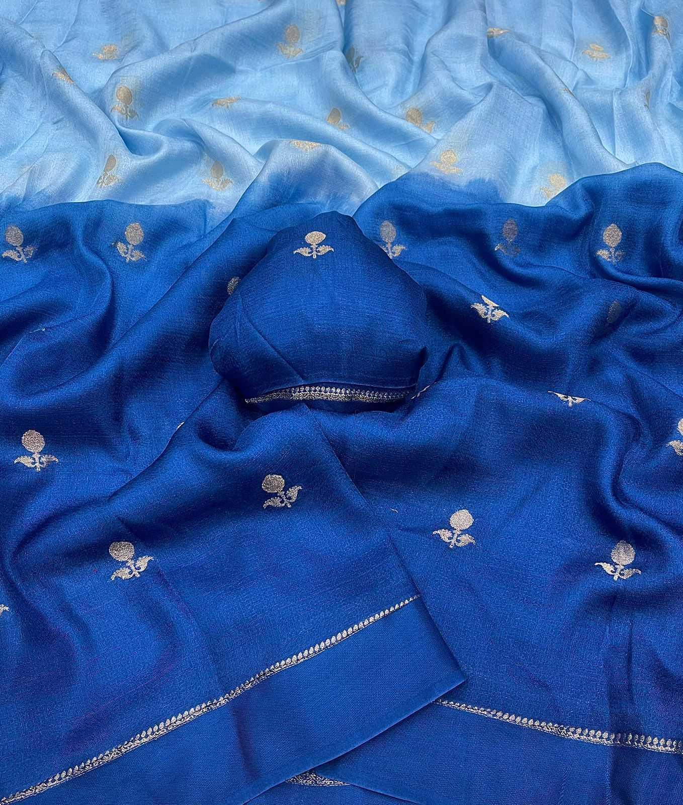 Sky Blue Pure Soft Viscose Khadi Silk Jacquard Leaf Design Saree with Satin Border - House of ViDi