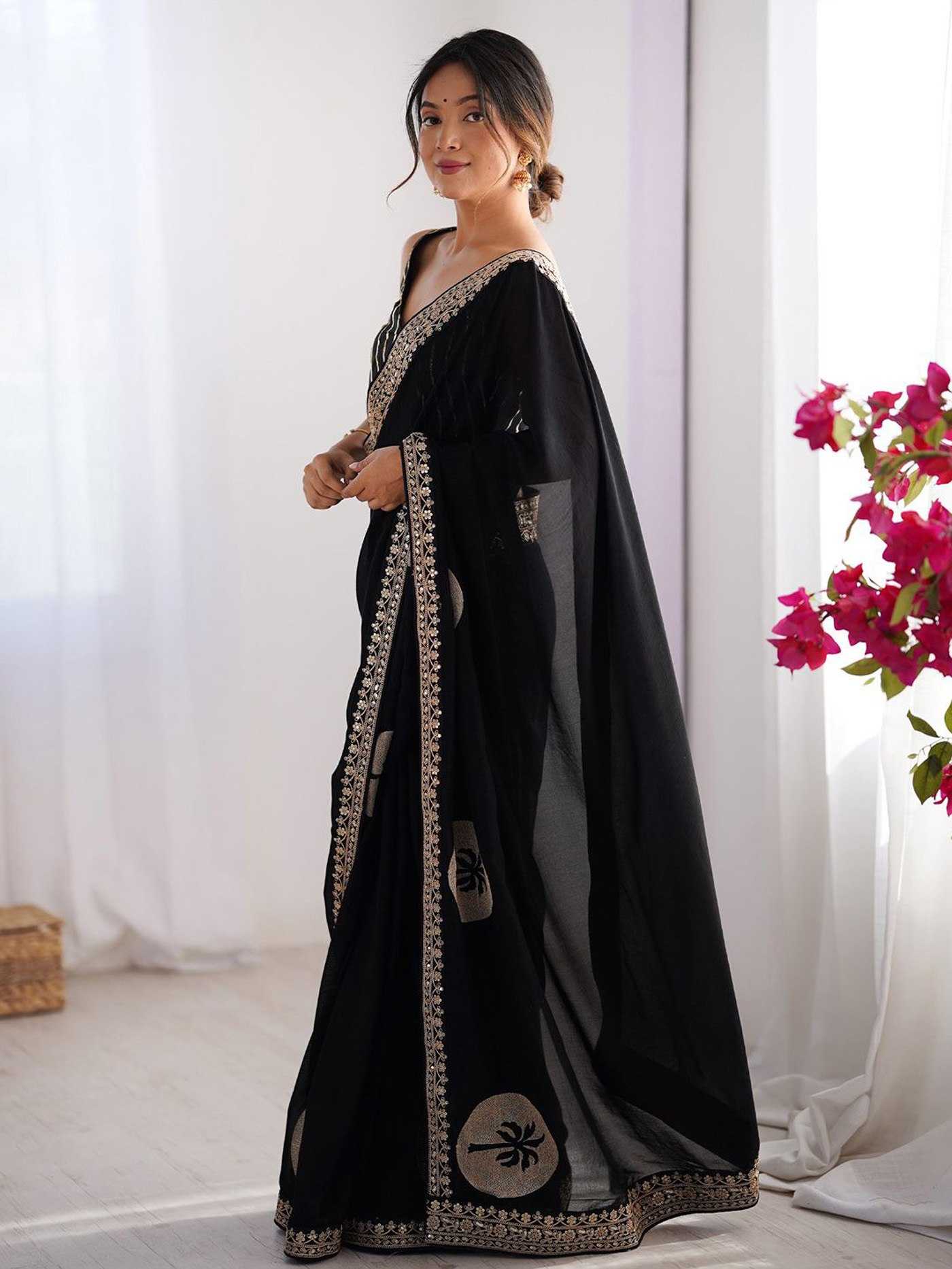 Black Rangoli Silk Embroidered Party Wear Saree with Lace Border - House of ViDi