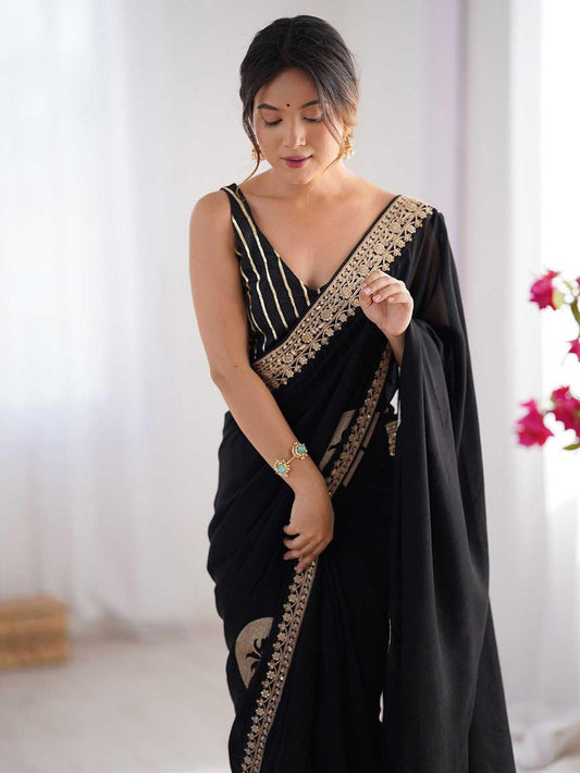 Black Rangoli Silk Embroidered Party Wear Saree with Lace Border - House of ViDi