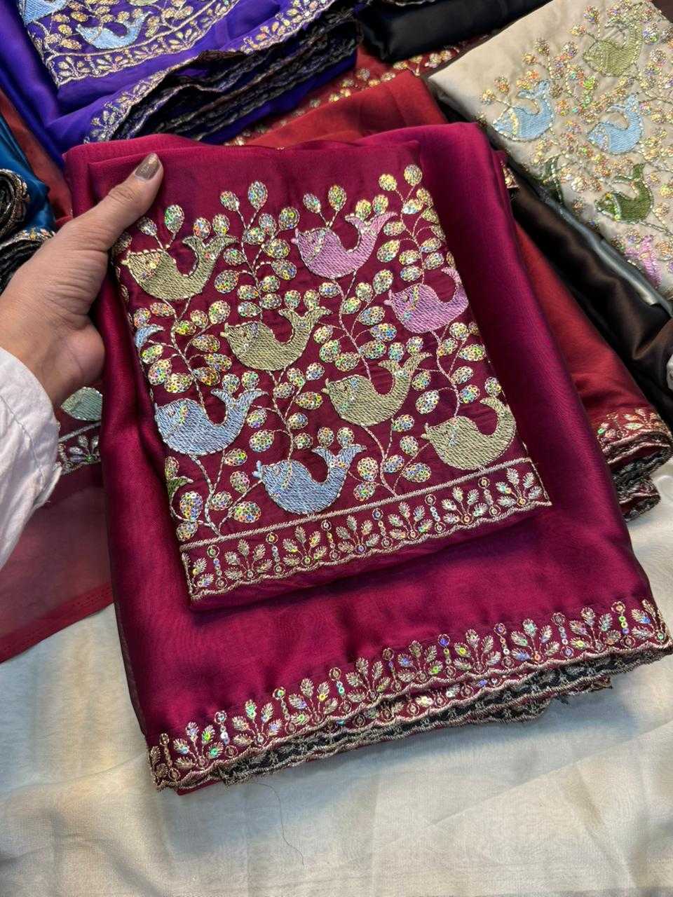 Maroon Rangoli Silk Embroidered Saree with Sequins Work Blouse - House of ViDi