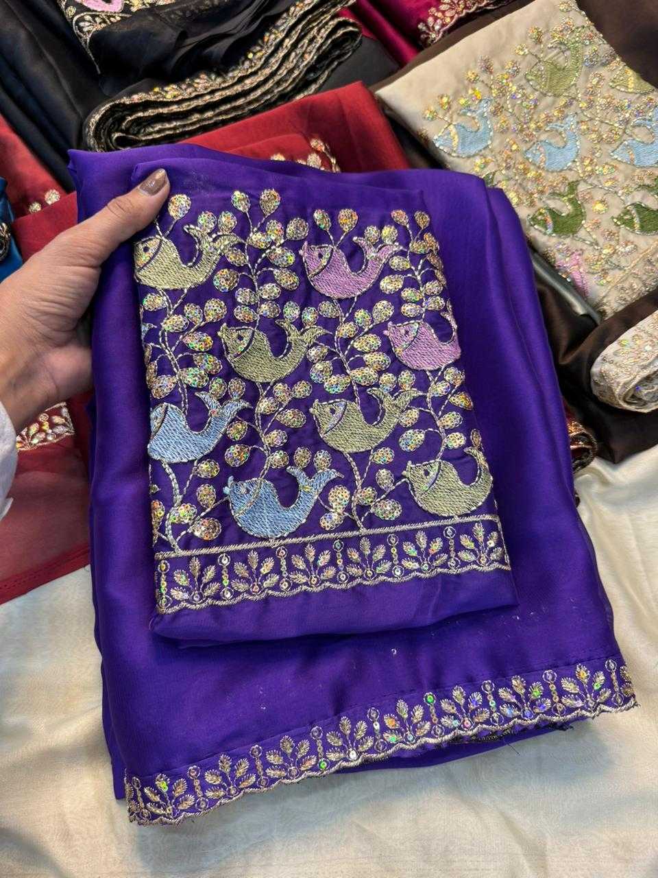 Purple Rangoli Silk Embroidered Saree with Sequins Work Blouse - House of ViDi