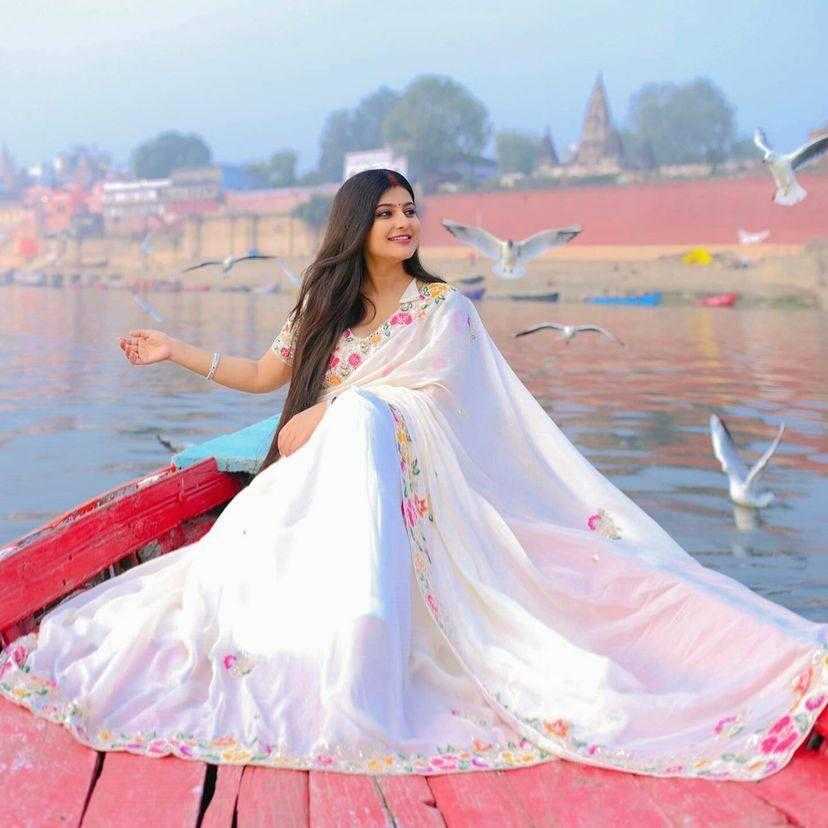 Pure White Designer Chinon Silk Saree with Heavy Embroidery & Unstitched Blouse – Party & Festive Wear - House of ViDi