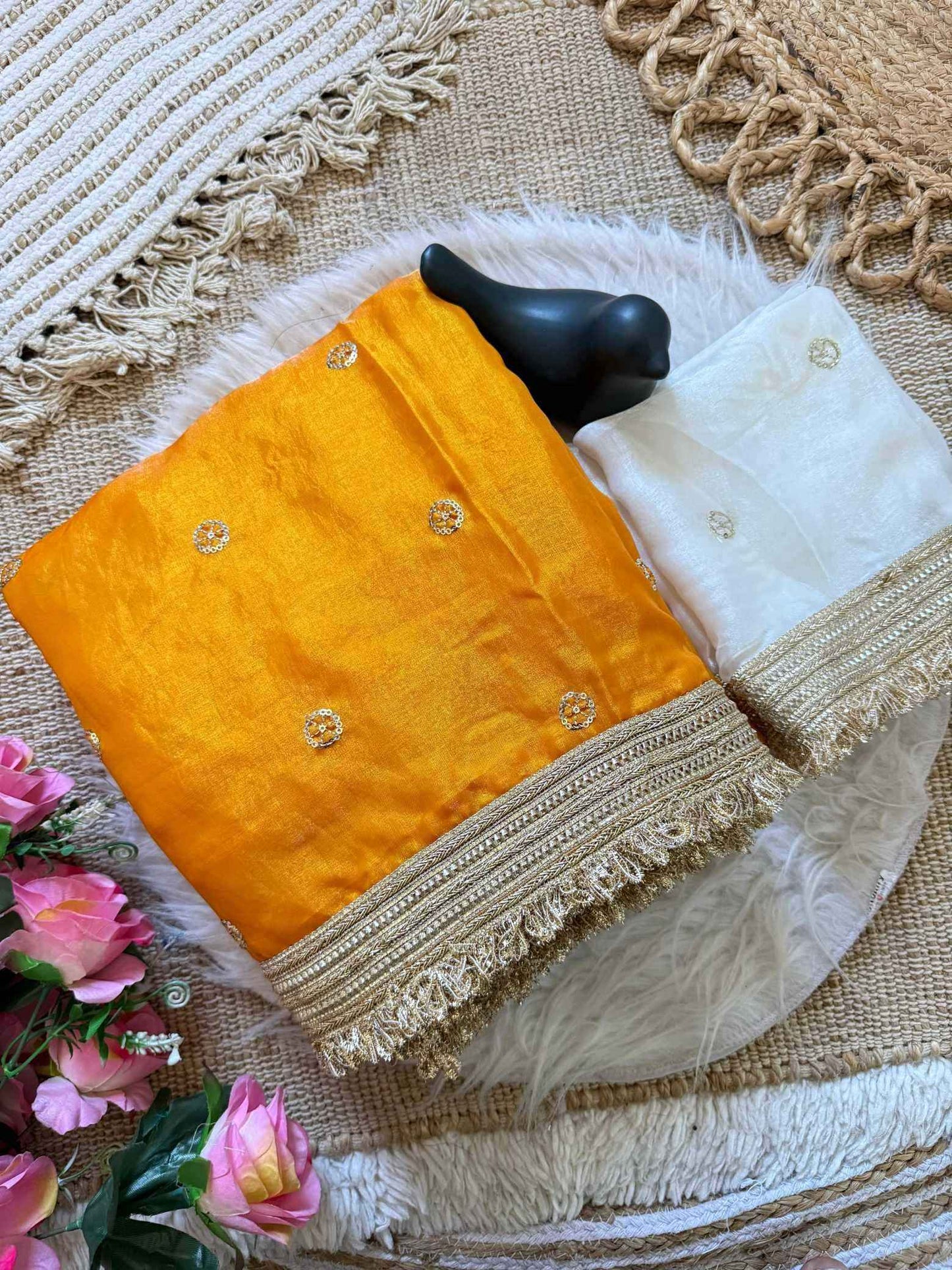 Mustard Fendy Satin Saree with Embroidery & Heavy Lace Border