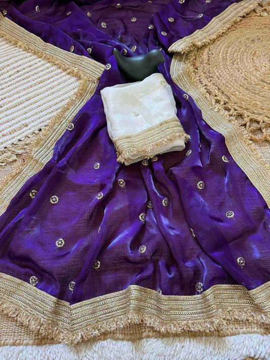Violet Fendy Satin Saree with Embroidery & Heavy Lace Border