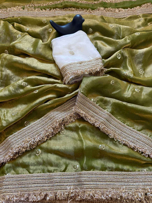 Mehndi Fendy Satin Saree with Embroidery & Heavy Lace Border