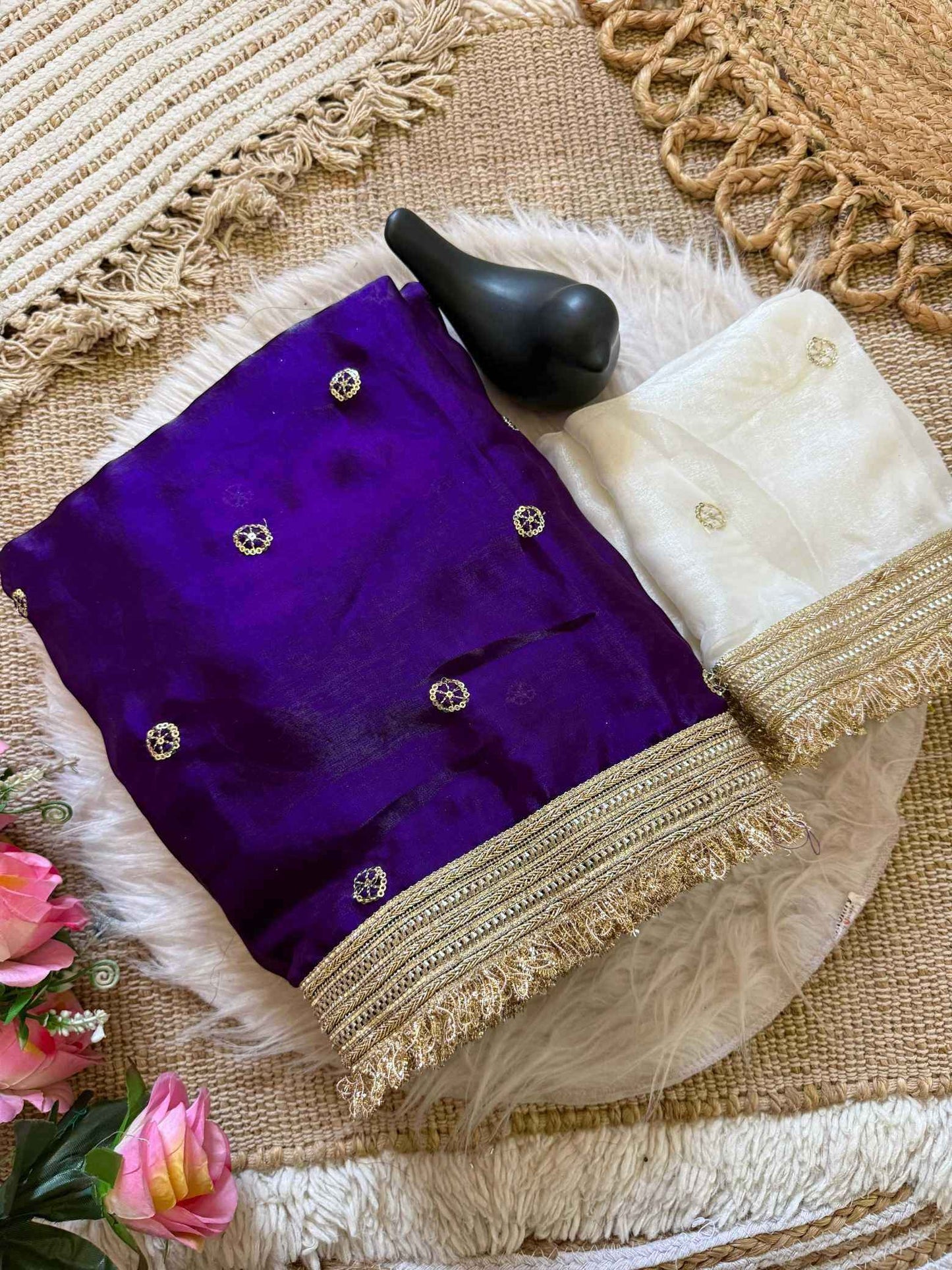 Violet Fendy Satin Saree with Embroidery & Heavy Lace Border