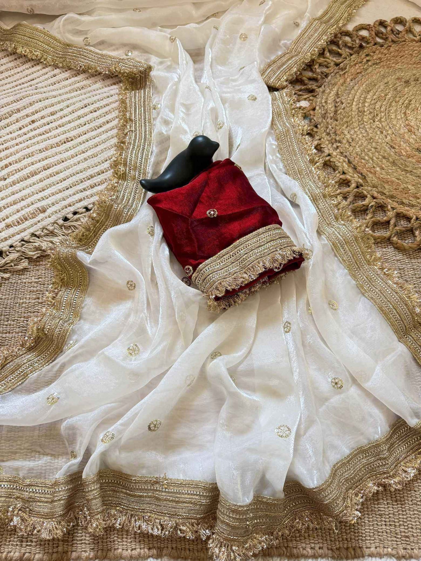 White Fendy Satin Saree with Embroidery & Heavy Lace Border