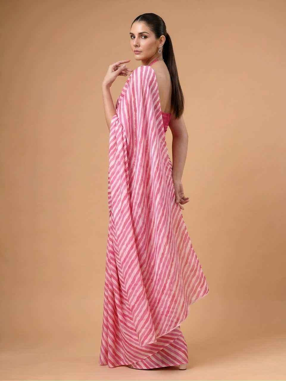 Baby Pink Designer Printed Satin Silk Saree