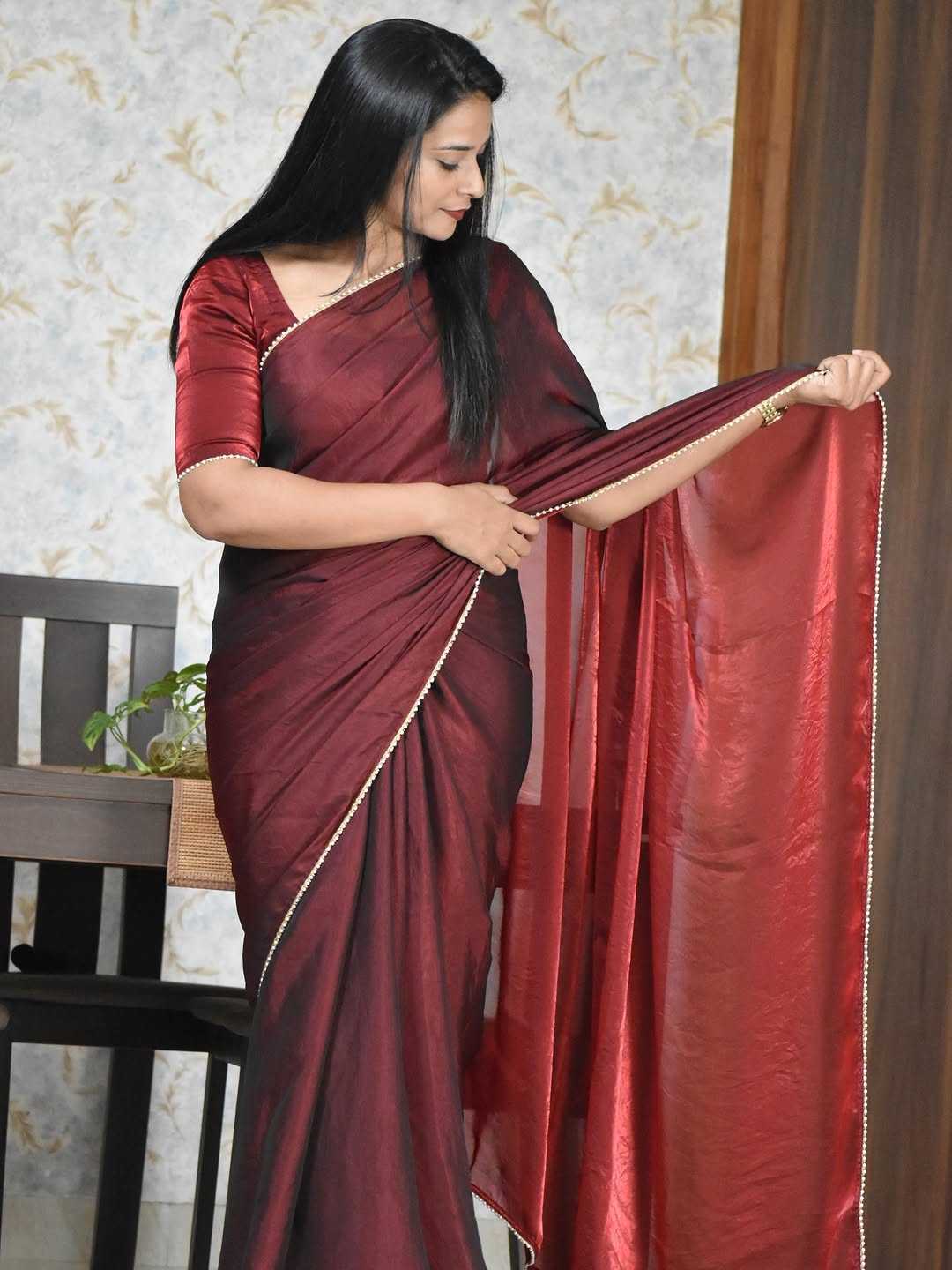 Maroon Dual Tone Satin Silk Saree with Moti Lace Border