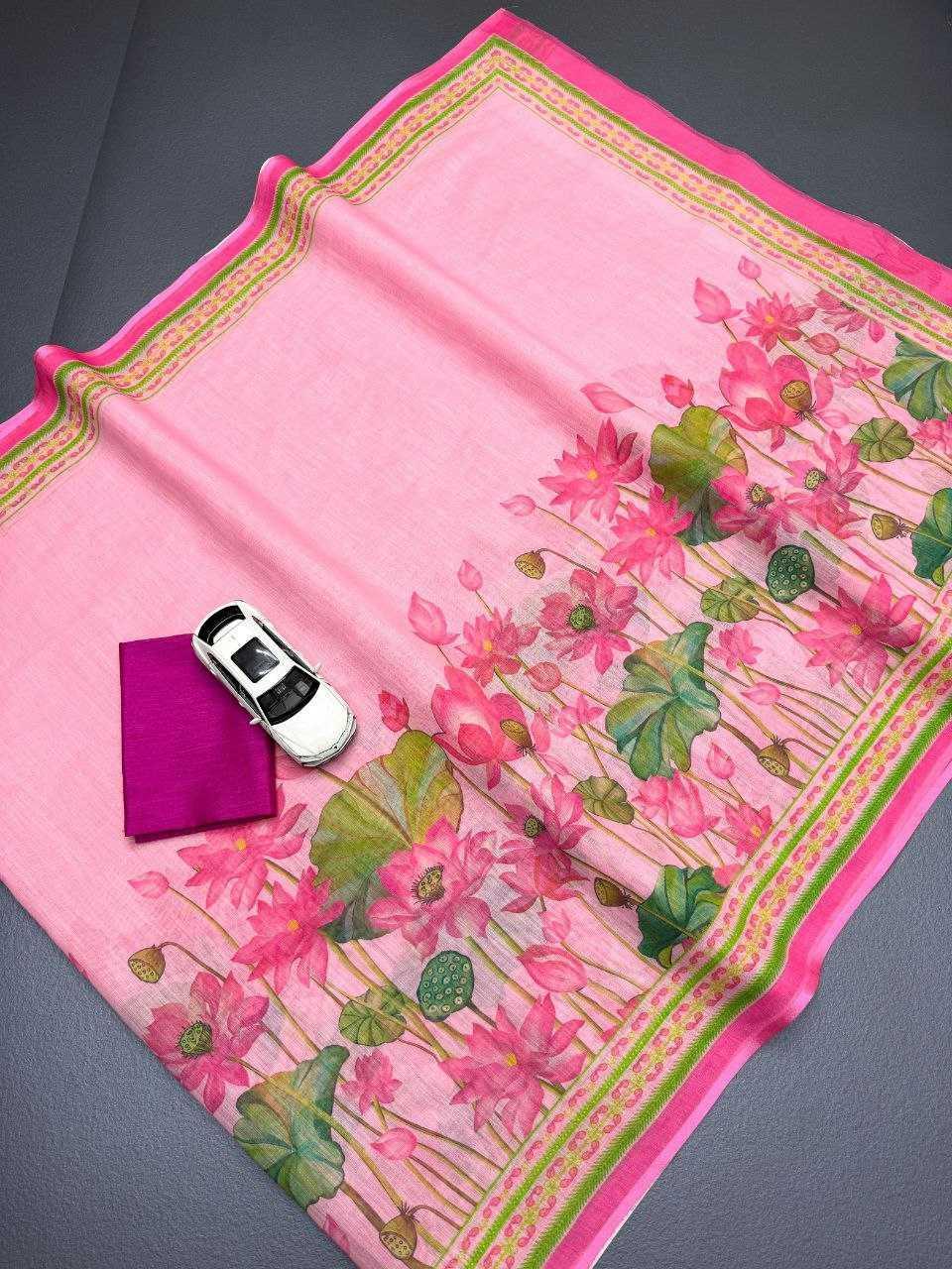 Pink Soft Linen Jari Floral Digital Print Saree with Contrast Border - House of ViDi