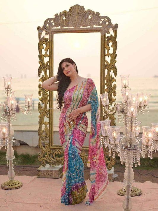 Soft Silk Digital Print Saree with Mirror & Sequin Work