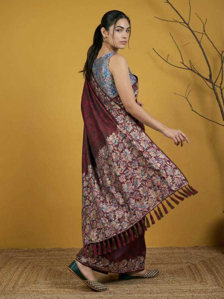 Wine Soft Silk Saree with Floral Print & Rainbow Zari Border - House of ViDi
