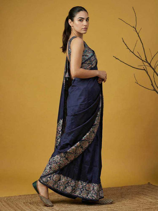 Navy Blue Soft Silk Saree with Floral Print & Rainbow Zari Border - House of ViDi
