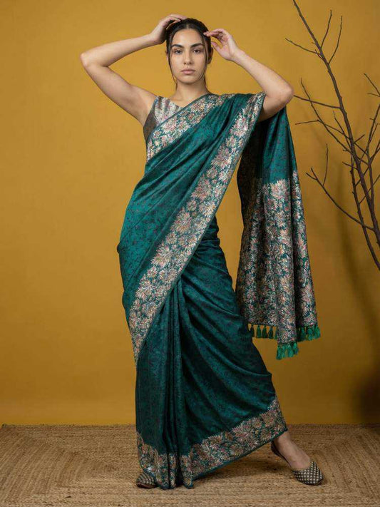Rama Green Soft Silk Saree with Floral Print & Rainbow Zari Border