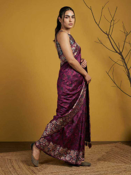 Pink Soft Silk Saree with Floral Print & Rainbow Zari Border - House of ViDi