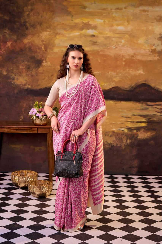 Pink Tussar Silk Printed Designer Saree - House of ViDi
