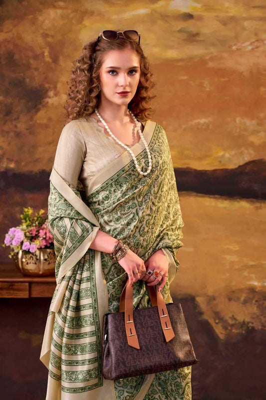 Green Tussar Silk Printed Designer Saree